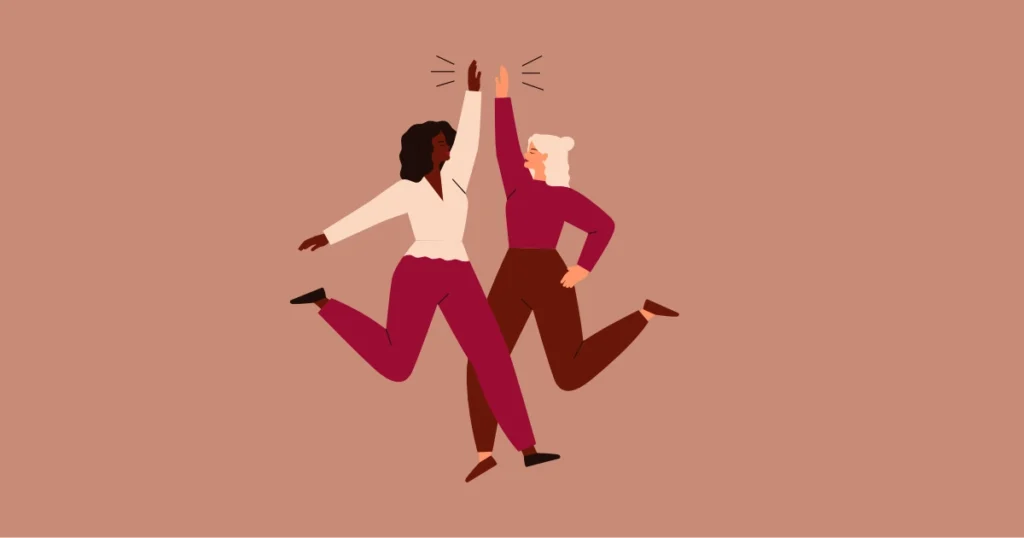 two women jumping and high-fiving each other, vector